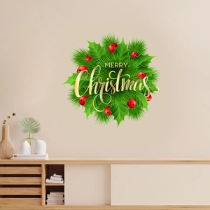 Pegatina de pared de corona navideña con hojas verdes, bayas rojas y texto dorado