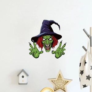 Creepy green witch wall sticker for Halloween room decoration with vibrant purple hat