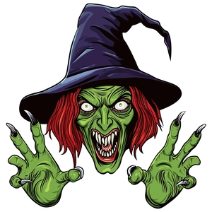 Scary green Halloween witch wall sticker with purple hat and sharp nails for home decoration