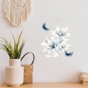Detailed wall sticker featuring white and blue flowers with delicate flying butterflies