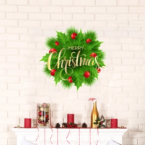 Pegatina de pared de corona de Navidad con hojas verdes bayas rojas y letras doradas arte
