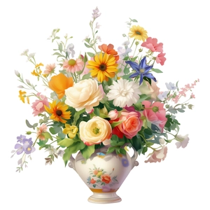 Élégant vase en céramique blanche avec motifs floraux peints à la main et bouquets d'art