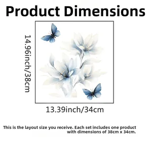 Size chart showing 38x34cm dimensions for white flower and blue butterfly wall stickers