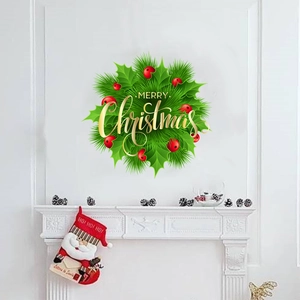 Vinilo decorativo corona de Navidad con hojas verdes, bayas rojas y texto Merry Christmas
