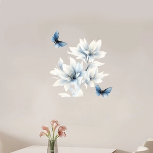White flower and blue butterfly wall decals for living room interior decoration