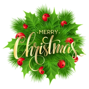Adhesivo de pared corona de Navidad con hojas verdes, bayas rojas y texto dorado Merry Christmas