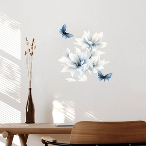 Blue lily wall stickers with butterflies decor for a minimalist living room wall art