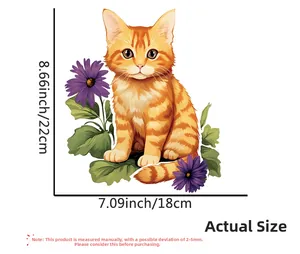 Detailed view of cat and purple flower wall sticker showing 22x18cm product dimensions