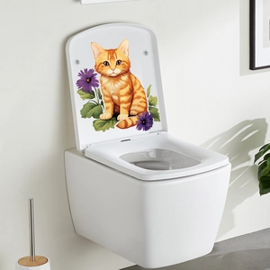 Vibrant orange cat and purple flowers self-adhesive toilet seat lid sticker decal
