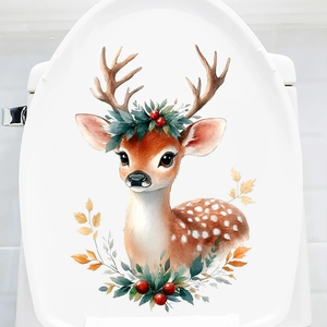 Christmas reindeer toilet lid sticker with red berries and autumn leaves decoration