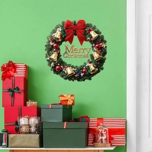 Christmas wreath wall sticker with Merry Christmas sign, red bow, and golden bells