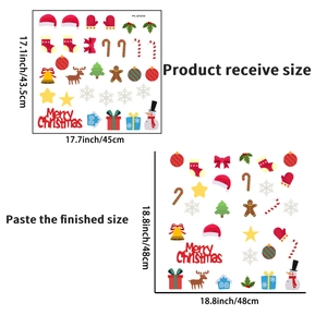 Detailed sheet of Christmas wall decals showing 43.5x45cm size and 48x48cm layout stickers