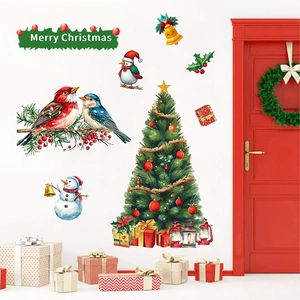 Christmas wall stickers set featuring Christmas tree, snowman, and birds in watercolor style
