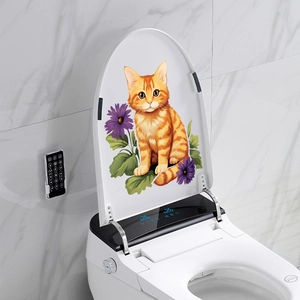 Smart toilet with 3D cat and purple flower stickers on minimalist white ceramic base