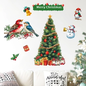 Christmas wall stickers set featuring a decorated tree, snowman, and festive birds