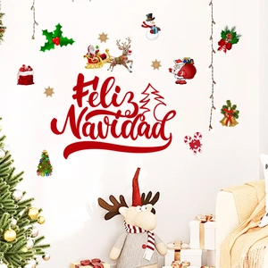 Festive Feliz Navidad wall stickers with Santa, reindeer, and snowman for home decor