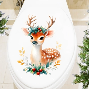 Christmas reindeer toilet seat decal with watercolor red berries and autumn leaves motif