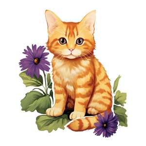 Cartoon orange striped cat with purple flowers wall sticker for bathroom decoration