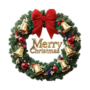 Classic Christmas wreath with green pine needles, red velvet bow, and golden bells