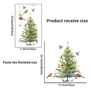 Detailed size chart for Christmas tree and birds wall decal with application dimensions