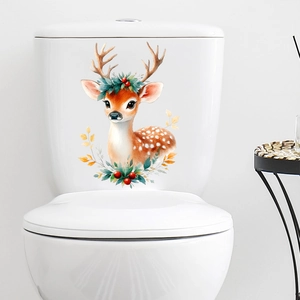 Christmas reindeer toilet sticker with red berries and leaves on white ceramic tank