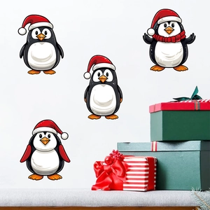 Detail of cute Christmas penguin wall stickers with red hats for holiday home decoration