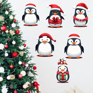 Set of 6 Christmas penguin wall stickers with red hats for festive home wall decoration