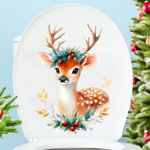 Christmas Reindeer Toilet Sticker Red Berries Watercolor Deer Bathroom Decor Waterproof PVC Festive Holiday Wall Decal