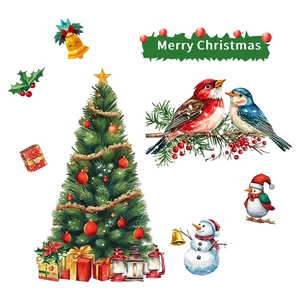 Christmas wall stickers set featuring a festive tree, snowman, penguin, and birds in watercolor