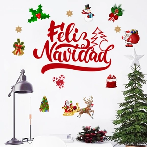 Feliz Navidad Christmas Wall Stickers Red Santa Claus Reindeer Snowflake PVC Decals For Festive Home Window Decoration
