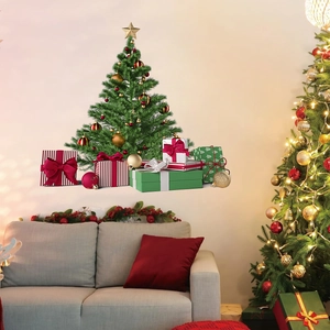Detailed wall sticker featuring a decorated Christmas tree and colorful gift boxes for home decor