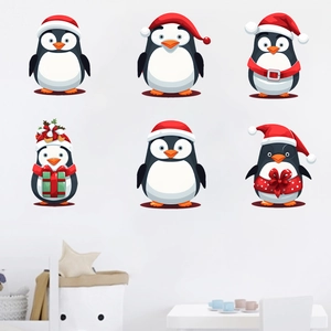 Detailed view of six cartoon Christmas penguin wall stickers for festive home decoration