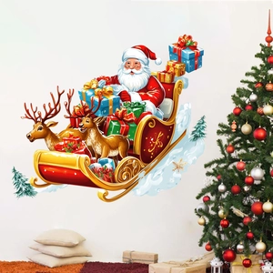 Christmas Santa Claus Sleigh Reindeer Wall Stickers PVC Festive Gift Wall Decals For Home Living Room Bedroom Decoration