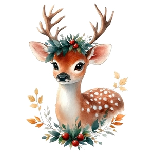 Watercolor Christmas reindeer toilet sticker with red berries and forest leaves on white background