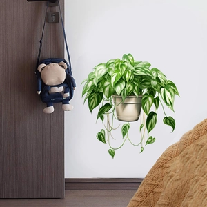 3D realistic potted plant wall sticker featuring lush green ivy on a white wall