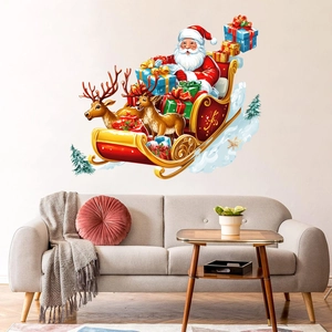 Christmas wall decal featuring Santa Claus on a reindeer sleigh with festive gift decorations