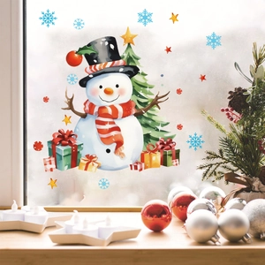 Watercolor Christmas snowman and tree window decals for festive home decoration