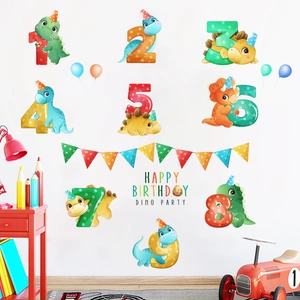 Detailed wall view of cute dinosaur number stickers and happy birthday party banners