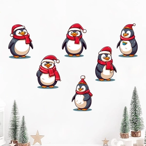 Set of 6 Christmas penguin wall stickers with red hats and scarves for festive home decor
