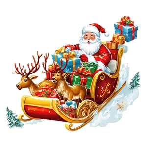 Christmas wall decal featuring Santa Claus in a reindeer sleigh with colorful gift boxes
