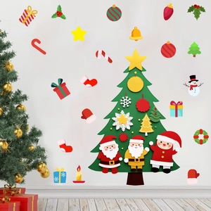 Detail of children's DIY felt Christmas tree with various colorful removable ornaments
