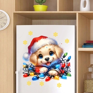 Close-up of cute Christmas puppy wall decal with festive lights on a white fridge surface