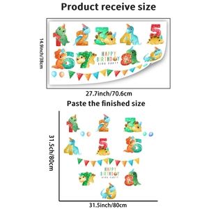 Detailed size chart showing cute dinosaur birthday wall stickers dimensions in cm and inches