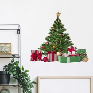Detailed wall decal showing a Christmas tree with golden stars and colorful gift boxes