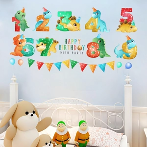 Colorful dinosaur number wall stickers set with Happy Birthday banner for kids room decor