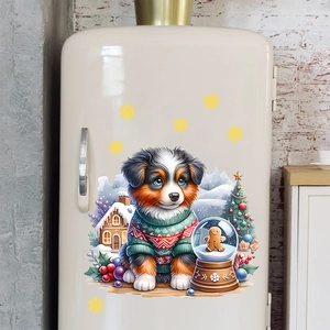 Detailed view of a cute Australian Shepherd puppy Christmas sticker on a white fridge door