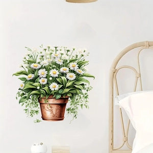 Daisy potted plant wall sticker for home decor in a cozy bedroom scene with white walls