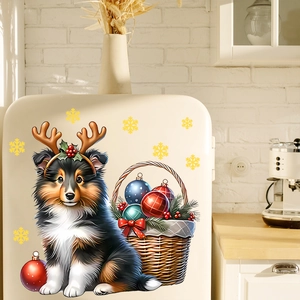 Christmas Sheltie dog wall stickers with reindeer antlers and golden snowflakes on white fridge