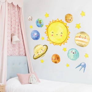 Cute solar system wall stickers with hand-painted watercolor planets for kids bedroom decor