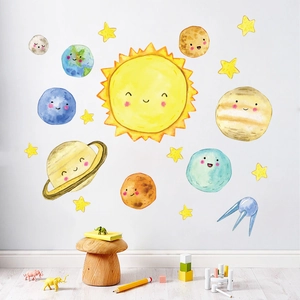Cute watercolor solar system wall stickers with smiling planets for a cozy nursery decor